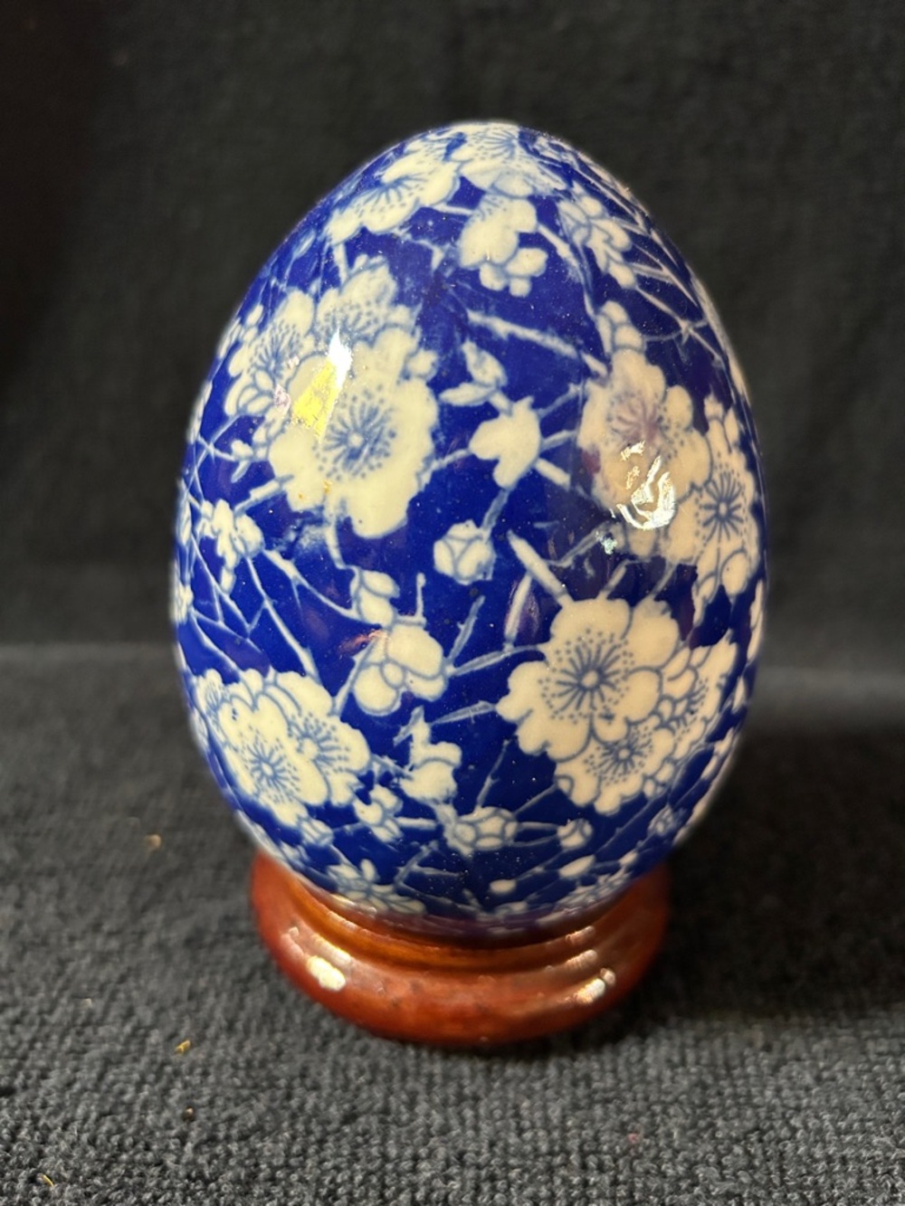 Blue & White Porcelain Egg Prunus or Kangxi Blossom Pattern Transferware w Stand